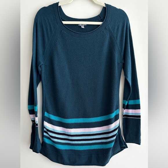 T By Talbots Teal Knit Striped Sweater, Turquoise/Purple/Navy Blue, Size Medium - Picture 1 of 15